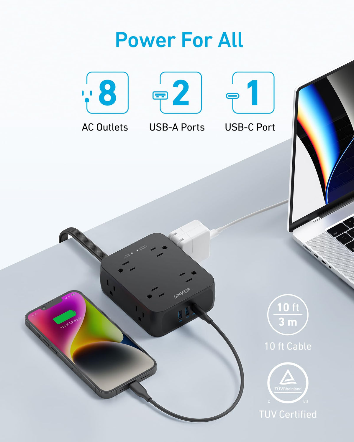 Anker Power Strip with 2000J Surge Protector, 10ft Outlet Extender, 20W 8AC