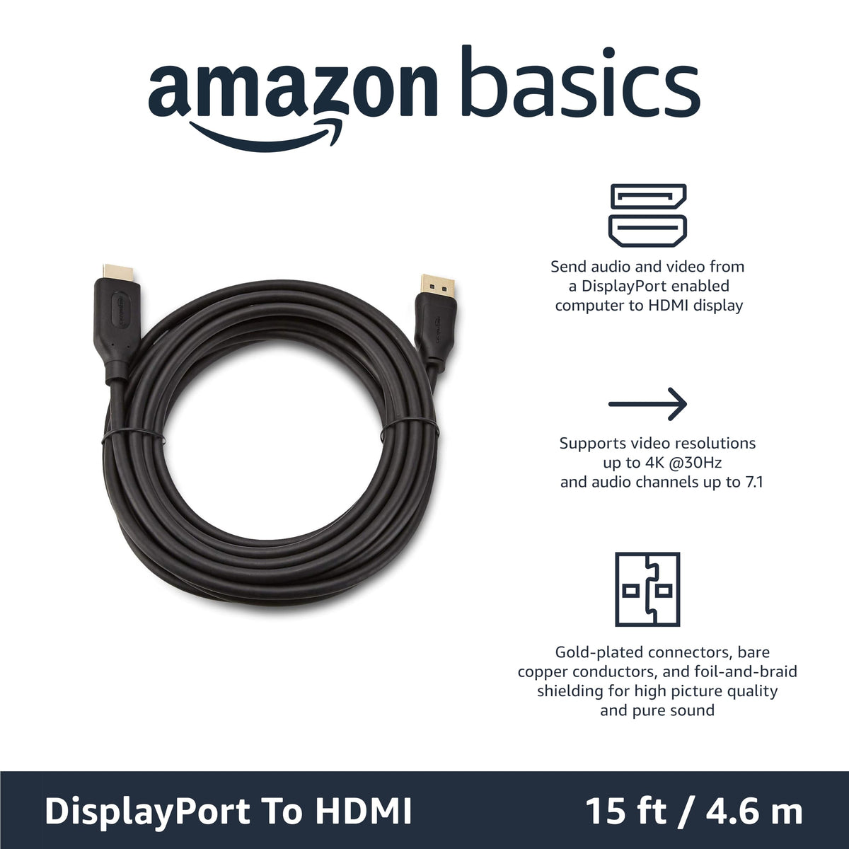 Amazon Basics DisplayPort to HDMI Cable, Uni-Directional, 0.9 m, Black