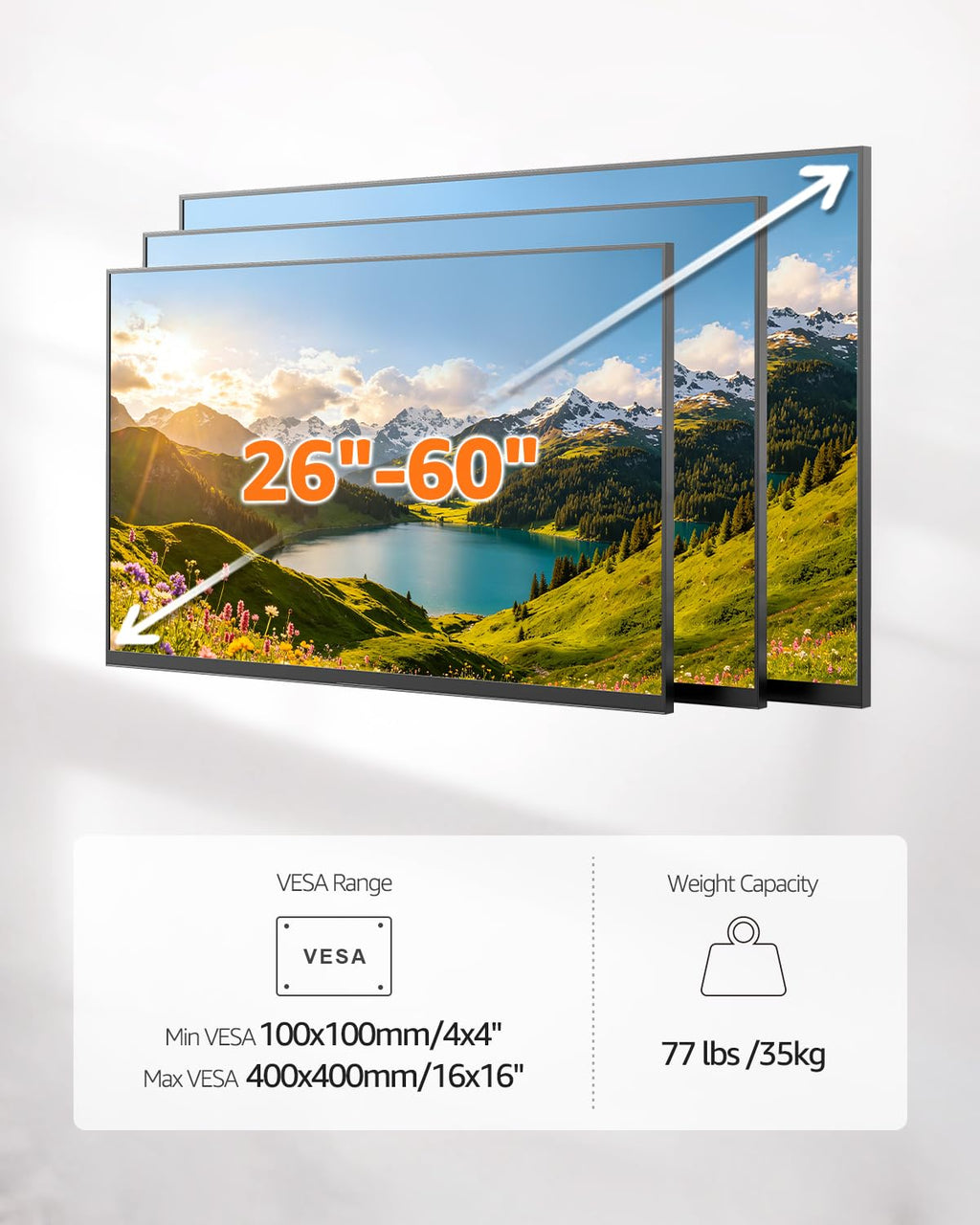 ELIVED Full Motion TV Wall Mount for 26-60" TVs, Max VESA 400x400, 77 lbs.