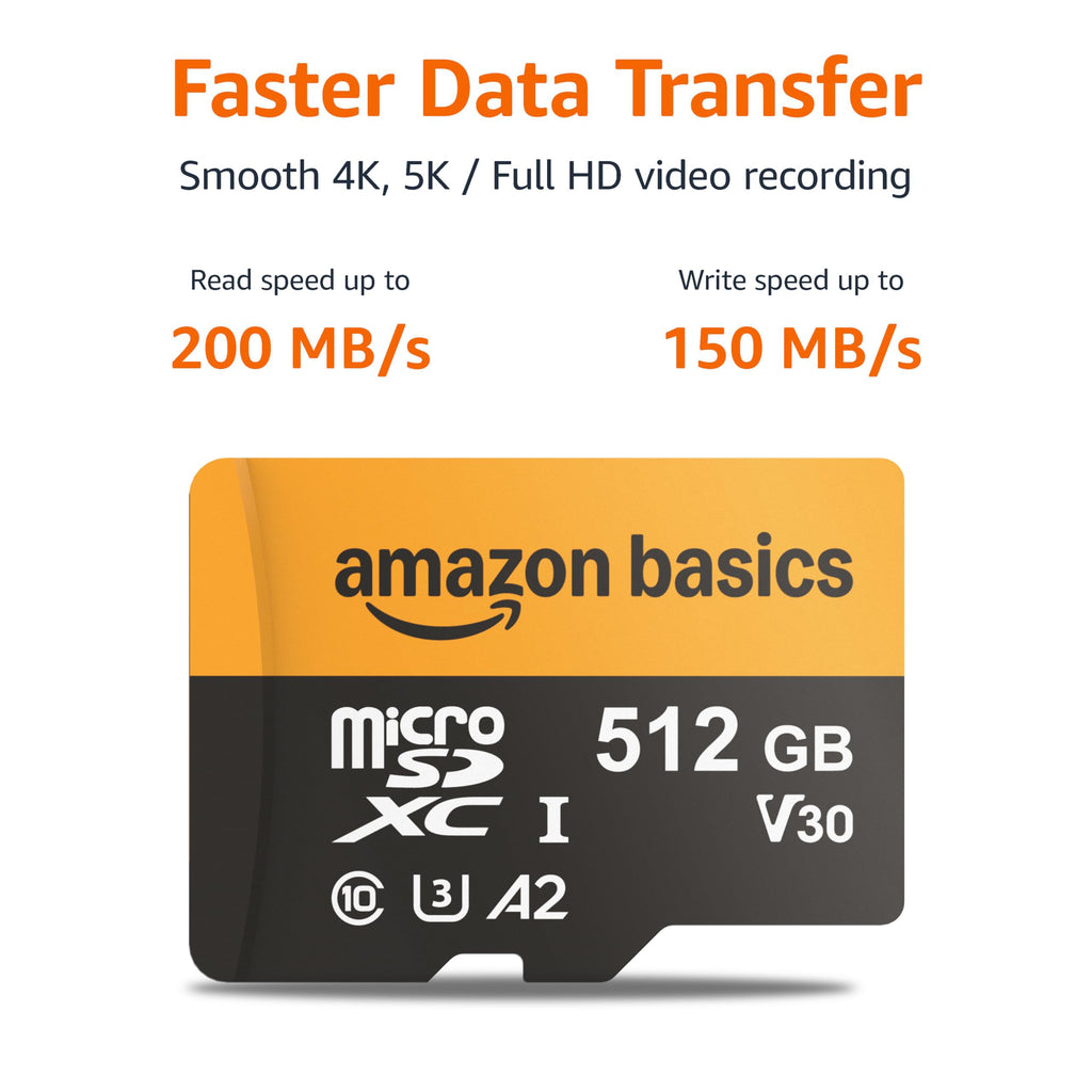Amazon Basics microSDXC Memory Card, 64GB, A2, U3, 100MB/s Read Speed, Black, 2-Pack