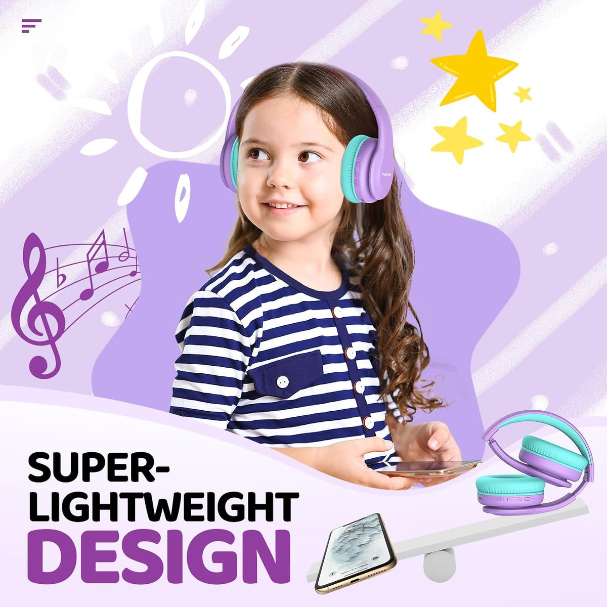 JoySpark Kids Bluetooth Headphones Over-Ear, 60Hrs, Built-in Mic-Purple
