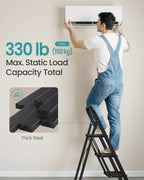 SONGMICS 3-Step Ladder, Folding Step Ladder, Safety, Holds up to 150KG