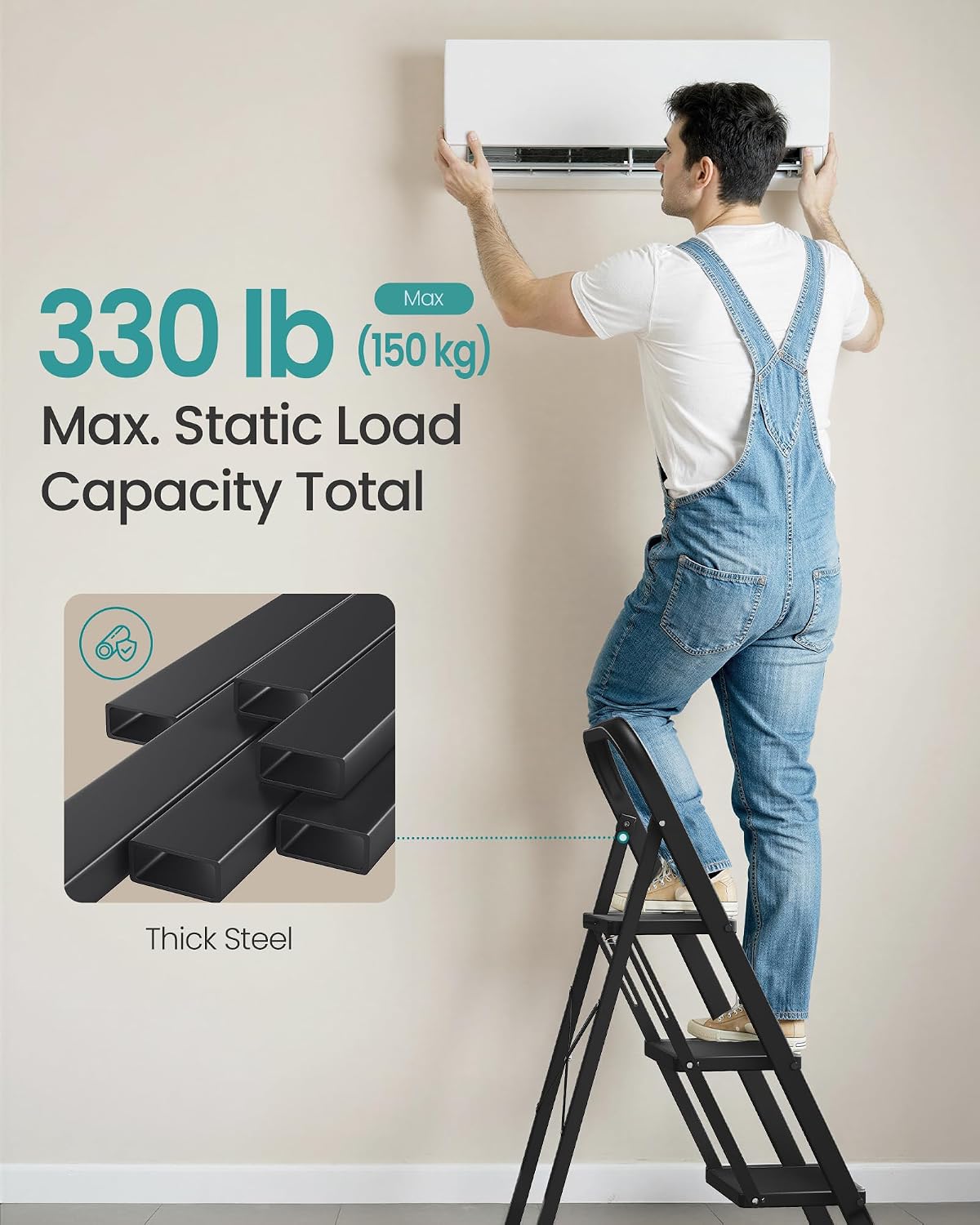 SONGMICS 3-Step Ladder, Folding Step Ladder, Safety, Holds up to 150KG
