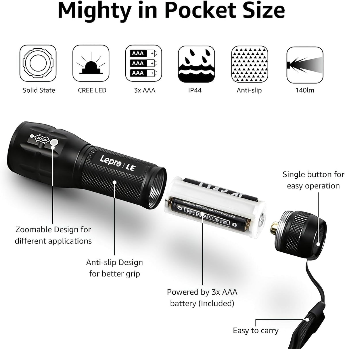 LE LED Torch, LE1000 Powerful Handheld Flashlight, Adjustable Focus, 4 PCs