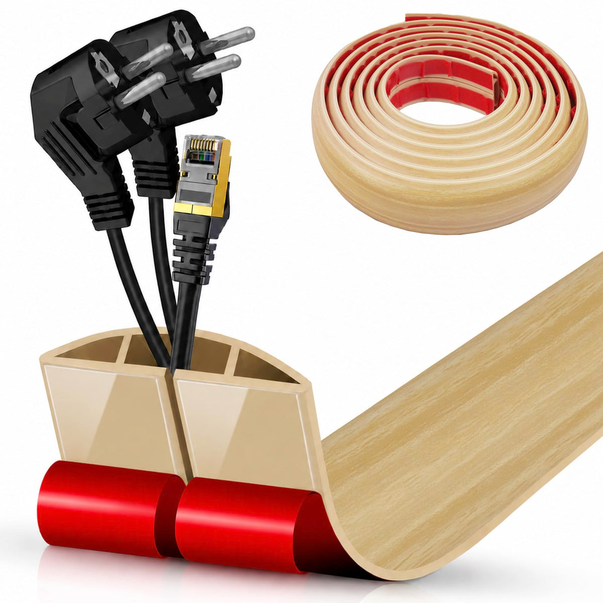 Floor Cord Cover Self Adhesive Cord Hider,3.3FT Cable Management, Extension Strip Protector for Wires, Prevent Cable Trips for Offices, Gyms, Exhibitions Cavity:0.3"(W) x 0.28"(H) Brown Wood