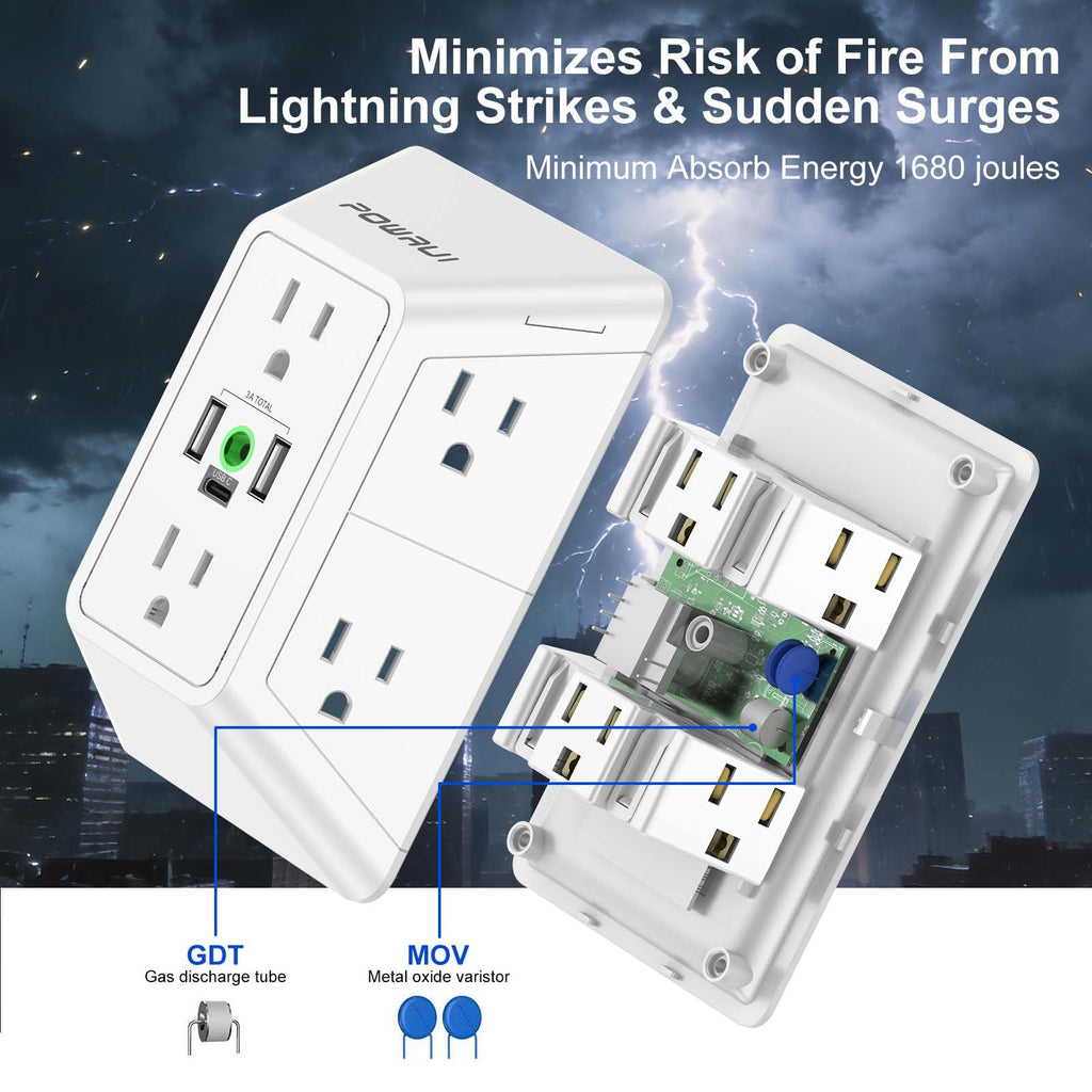 Multi Plug Wall Outlet Night Light, POWRUI 6 Outlet Extender & 3 USB Ports