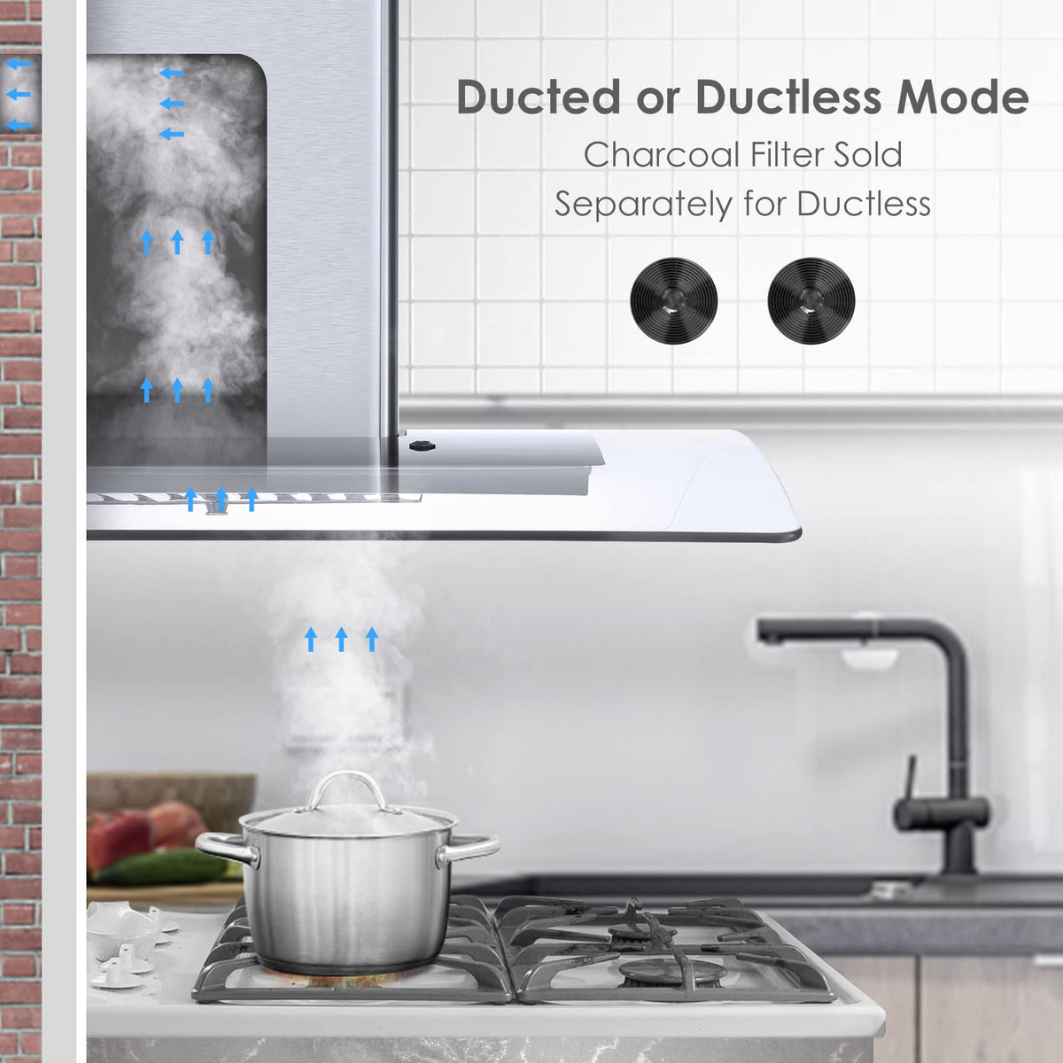 Range Hood 30 Inch, Tieasy Wall Mount Kitchen Hood with Ducted/Ductless Convertible Duct, Stainless Steel Chimney and Baffle Filters, Touch Control Fan Timer, LED Lights, 3 Speed Fan