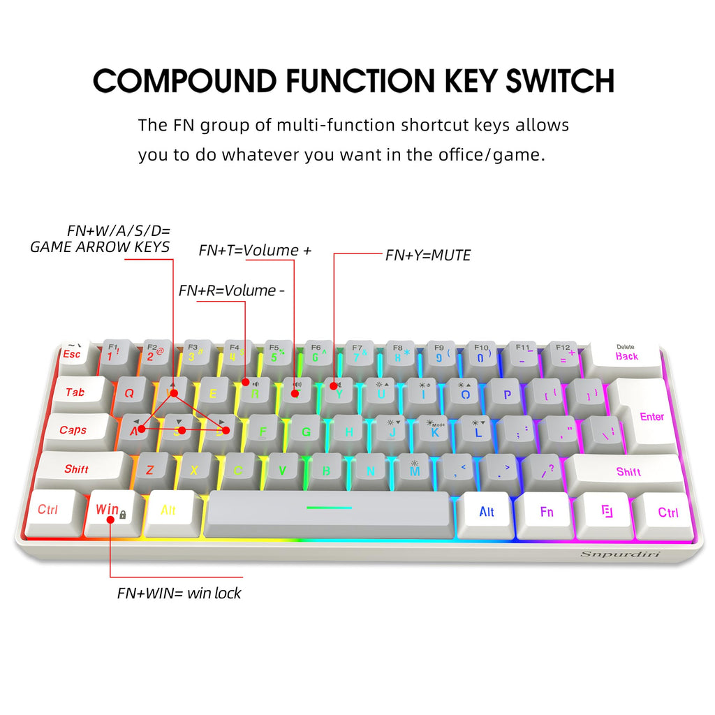 Snpurdiri 60% Wired Mechanical Gaming Keyboard, Ice Blue LED Backlit 61 Keys Mini Wired Office Keyboard for Windows Laptop PC Mac (Black-White, Red Switches)