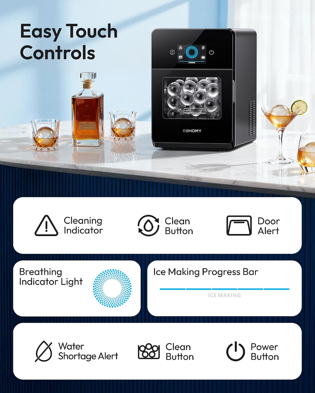 EUHOMY 2.4" Ice Ball Maker Countertop, 3Pcs Ready in 40Mins, 108Pcs/Day, Self-Cleaning Sphere Ice Maker Machine with Crystal Clear Ice, Round Ice Cube Maker for Whiskey & Bourbon