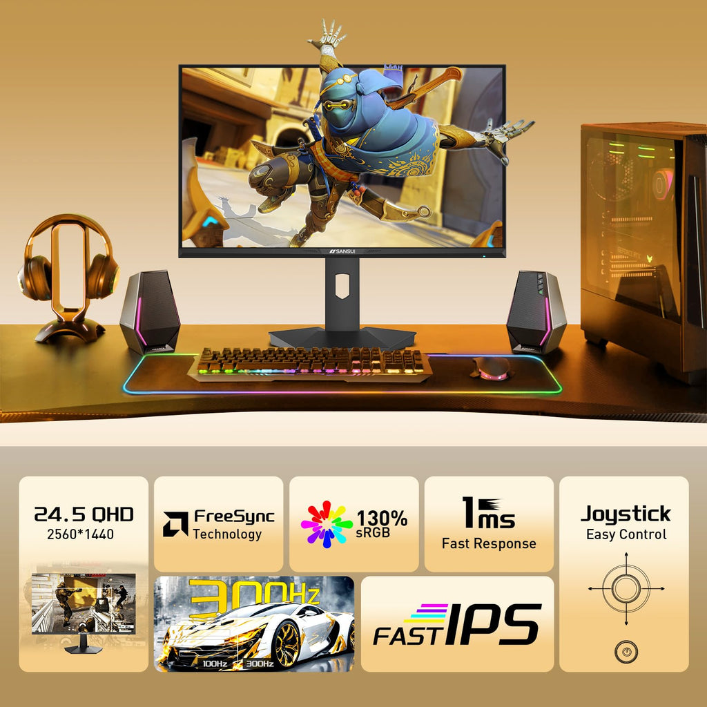 SANSUI 24 Inch Gaming Monitor 200Hz 1Ms FreeSync HDR 110% sRGB FHD 1080P Computer Monitor HDMI DP Ports Eye Care Frameless VESA Mount Cable Management(ES-G24F4L HDMI Cable Included)