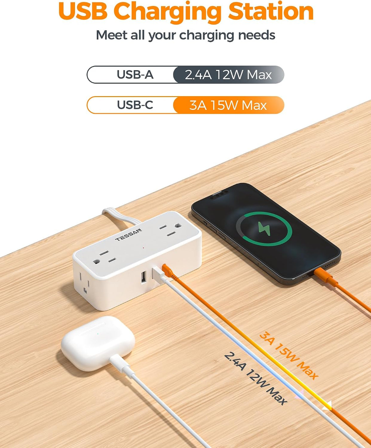 TESSAN Extension Cord 10 FT, Power Strip with 900J Surge Protection, Grey