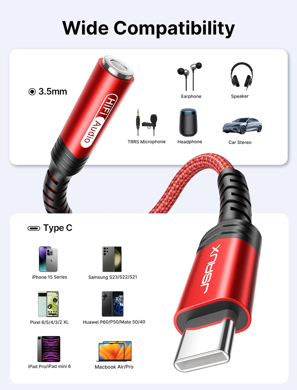 JSAUX 2-Pack USB C to 3.5mm AUX Audio Adapter for iPhone 17, Galaxy S25