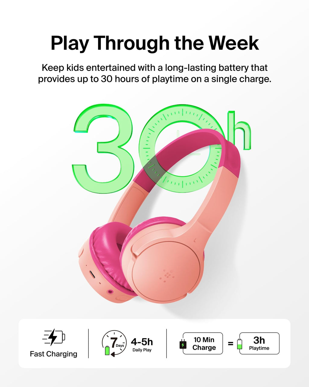 Belkin SoundForm Mini Kids Headphones, Wireless & Wired, 30H Playtime, Case