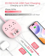 Travel Essentials, 22.5W/4.5A Flat Plug Power Strip, 6 Ft Extension Cord