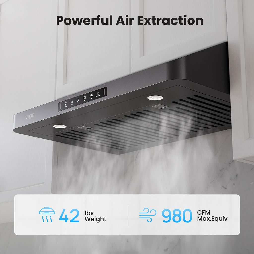 VIKIO HOME 30 Inch Under Cabinet Range Hood, 980CFM Fast Venting Ducted, Kitchen Hood With 3 Speed Gesture Sensing & Touch Control, Stainless Steel Stove Hood With LED Light And 2 Baffle Filters