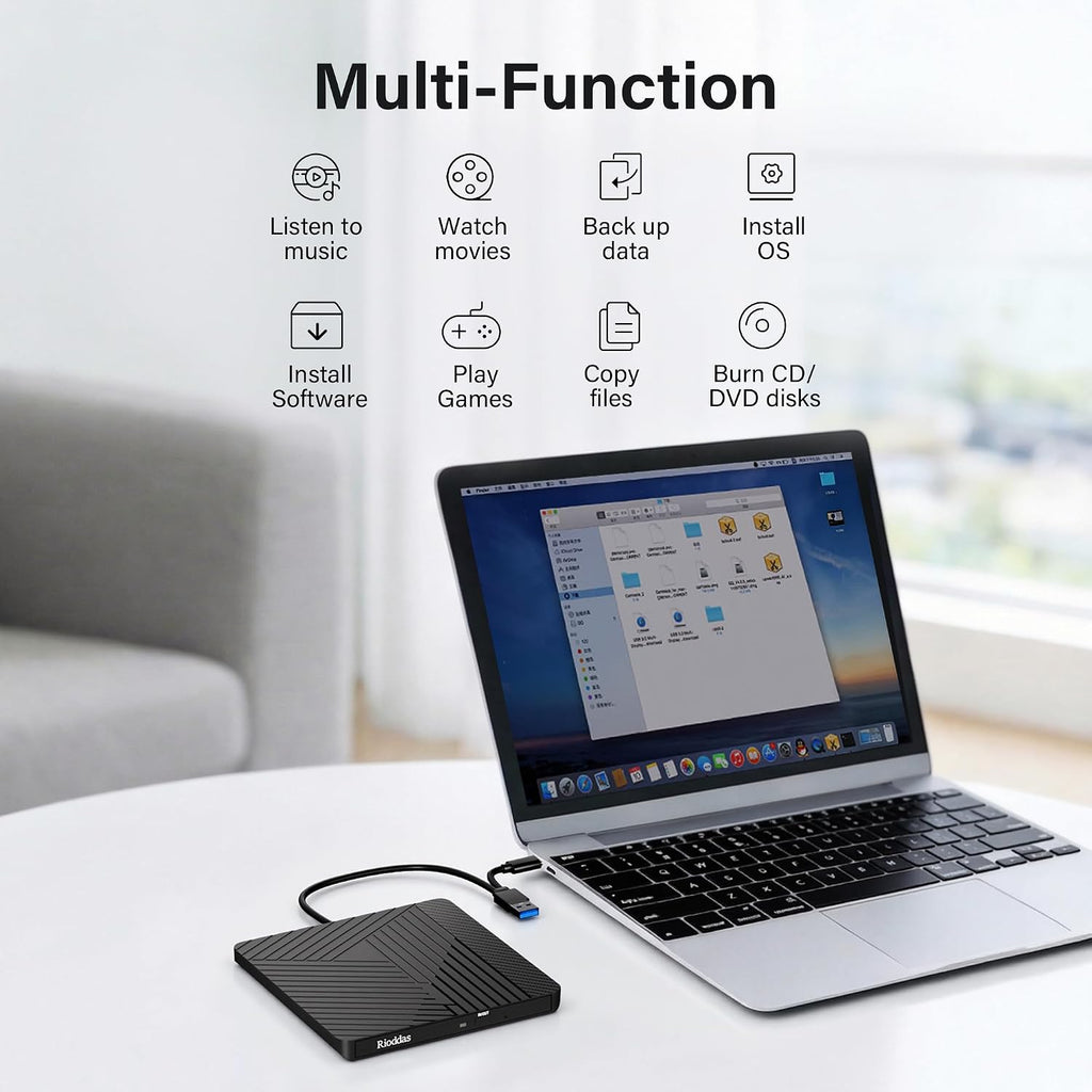 Rioddas External USB-C 3.0 CD/DVD Drive Burner +/-RW, Ultra-Slim Portable DVD Player Writer Reader for Windows 11/10/8 Linux, Laptop Desktop PC Mac iMac MacBook