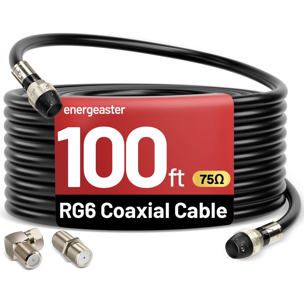 energeaster 10FT RG6 Coaxial Cable with Waterproof Rubber Boot, Black