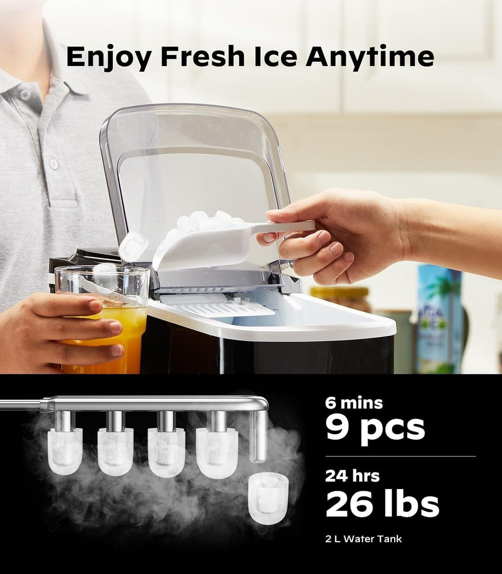 Silonn Ice Maker Countertop, 9 Cubes Ready in 6 Mins, 26lbs in 24Hrs, Self-Cleaning Ice Machine with Ice Scoop and Basket, 2 Sizes of Bullet Ice for Home Kitchen Office Bar Party