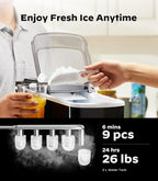 Silonn Ice Maker Countertop, 9 Cubes Ready in 6 Mins, 26lbs in 24Hrs, Self-Cleaning Ice Machine with Ice Scoop and Basket, 2 Sizes of Bullet Ice for Home Kitchen Office Bar Party