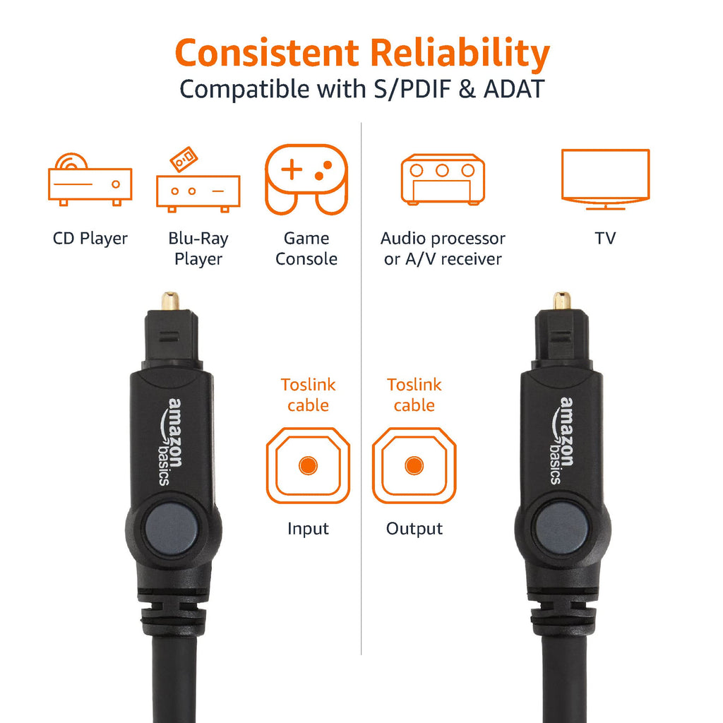 Amazon Basics Toslink Digital Optical Audio Fiber Optic Cable, Multi-Channel, for Sound Bar, Audio System, Home Theatre, Game Console, Blu-Ray Player, Gold-Plated Connectors, 6 Foot, Black
