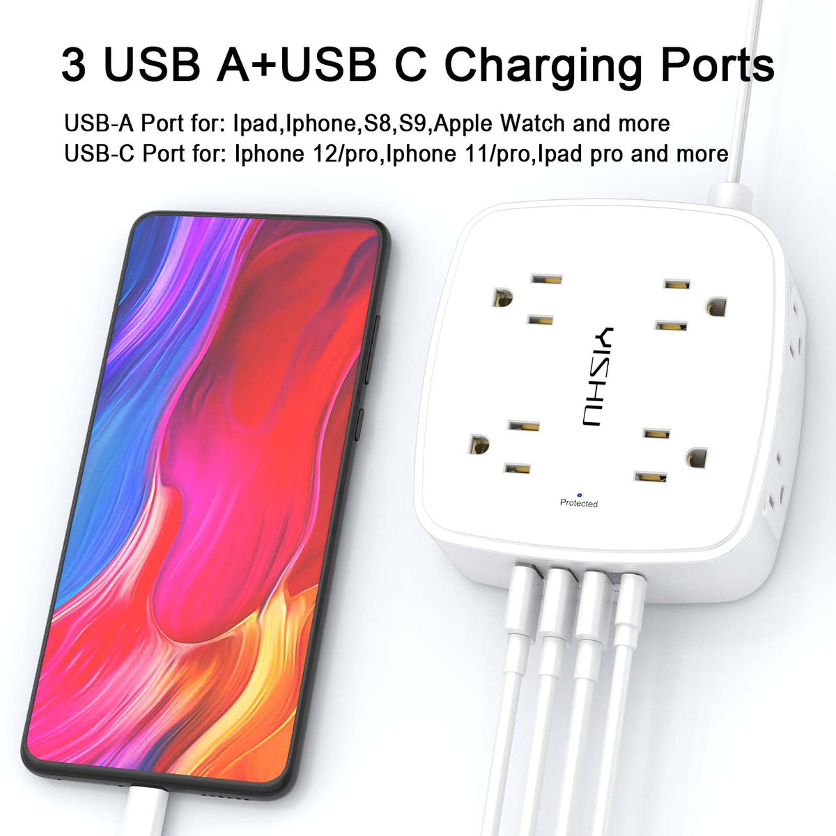 6 Ft Surge Protector Power Strip - YISHU 8 Widely Outlets with 4 USB Ports, 3 Side Outlet Extender with 6 Feet Flat Extension Cord, Ultra Flat Plug, Wall Mount, Desk USB Charging Station, ETL, Black