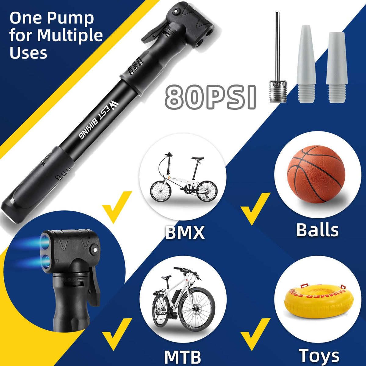 Bicycle Pump Mini Bike Pump Aluminum Alloy Cycle Pump for Presta & Schrader Valve, Portable Lightweight Bike Tyre Pump Fast Tyre Inflation Mini Air Pump For Mountain Road Bike Ball Pump
