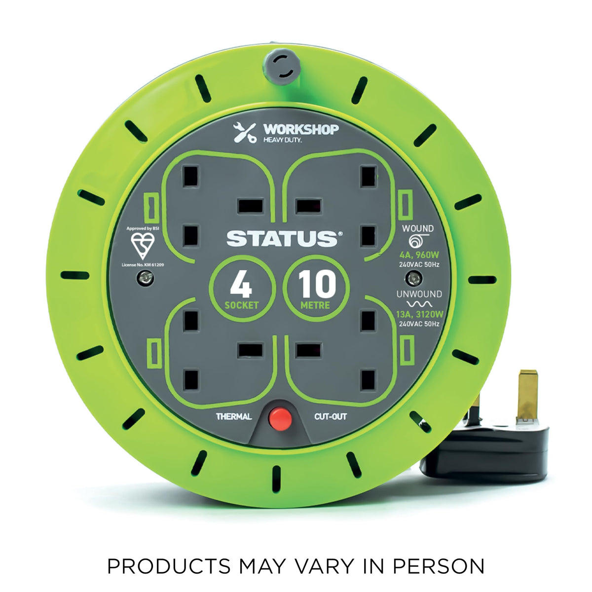 STATUS 2 Socket Cable Reel,10m Green Outdoor Extension Lead, Heavy Duty, 13 Amp, Thermal Cut Out Overload Protection, Ideal for Garden Power Tools,DIY Use, Workshop (S13A10MCR3)