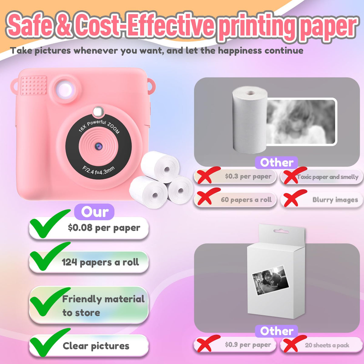 ESOXOFFORE Instant Print Camera for Kids, Christmas Birthday Gifts for Girls Boys Age 3-12,Kids Digital Cameras for Toddler, Portable Toy for 3 4 5 6 7 8 9 10 Year Old Girl -Purple