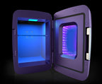 Frigidaire Gaming Light Up Mini Beverage Refrigerator, 6 can, 4 liters, Cooler with large see through door and LED lights Perfect for Gaming Experience, Home, Office, or Cars.12V Charger (Blue)