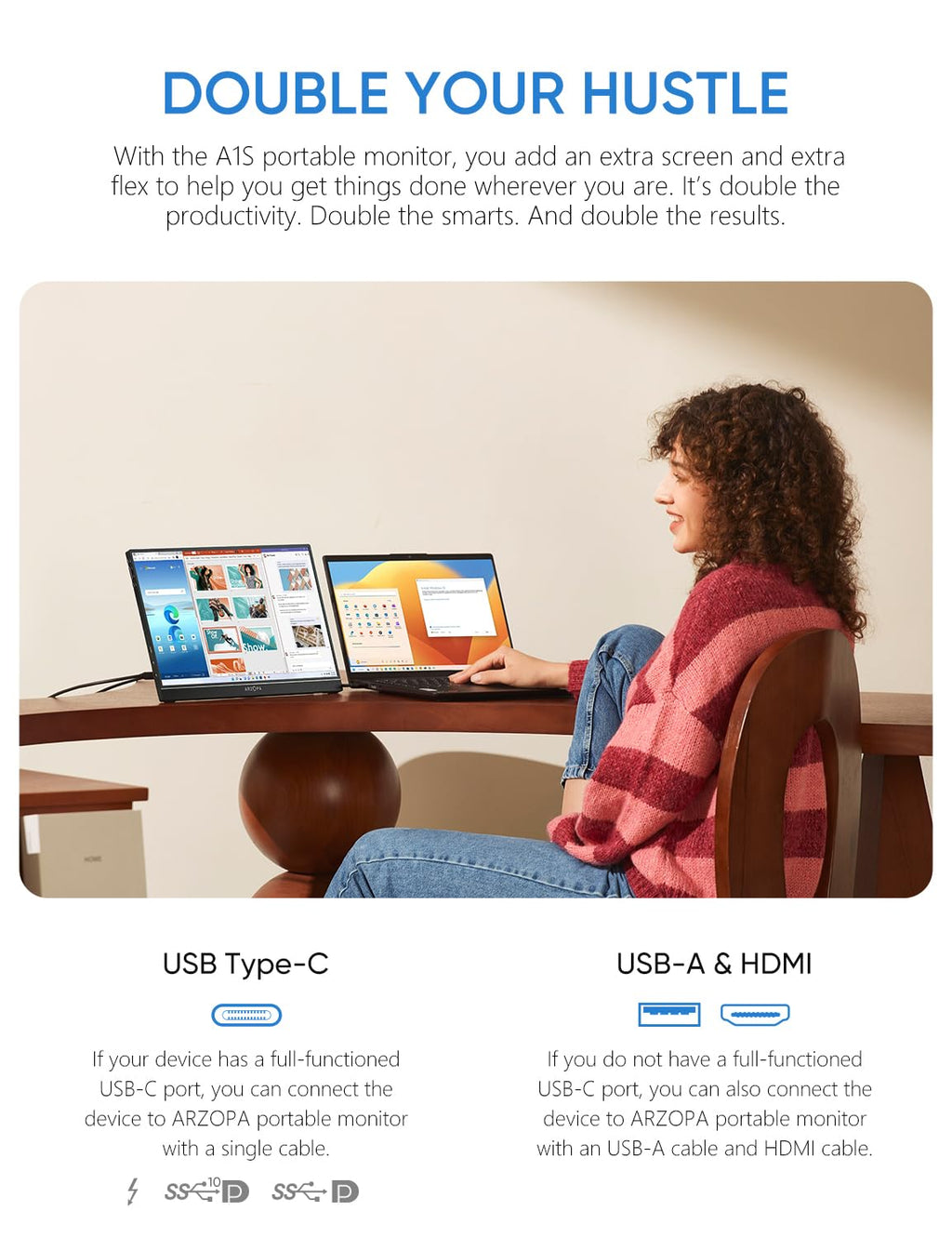 ARZOPA Portable Monitor 15.6" 1920×1080 FHD IPS Portable Monitor for Laptop with Kickstand, Ultra-Slim Second Screen for Laptop/PC/Mac/PS3/4/5/Xbox - USB C & HDMI Connectivity - A1