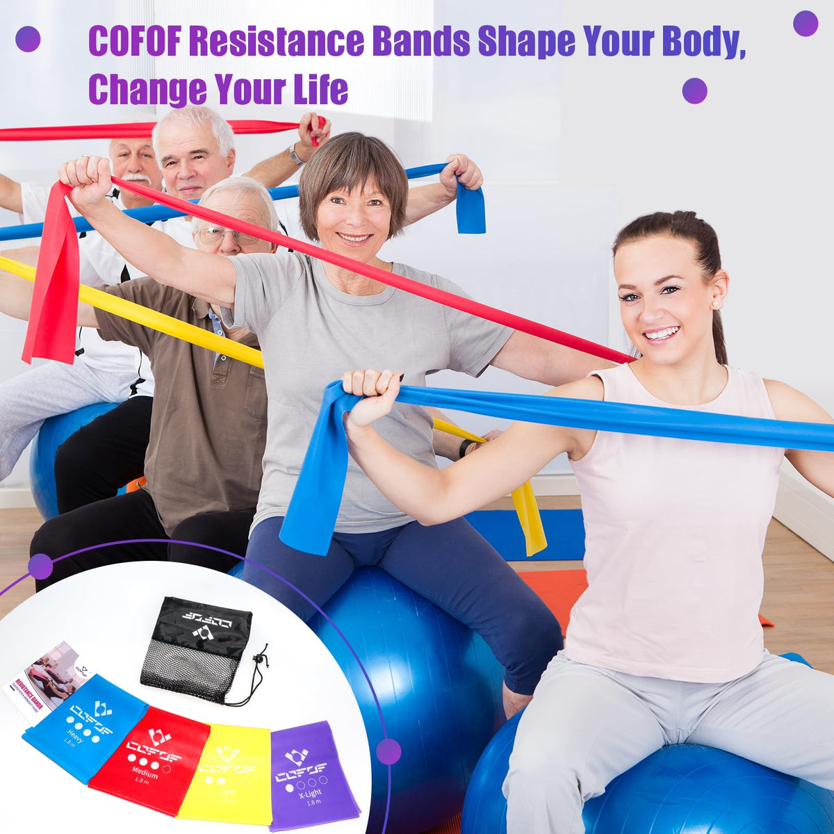 COFOF Resistance Bands, 1.8m/5.9ft Exercise Band with 4 Resistance Levels