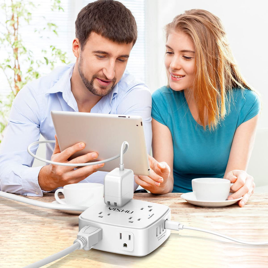 6 Ft Surge Protector Power Strip - YISHU 8 Widely Outlets with 4 USB Ports, 3 Side Outlet Extender with 6 Feet Flat Extension Cord, Ultra Flat Plug, Wall Mount, Desk USB Charging Station, ETL, Black