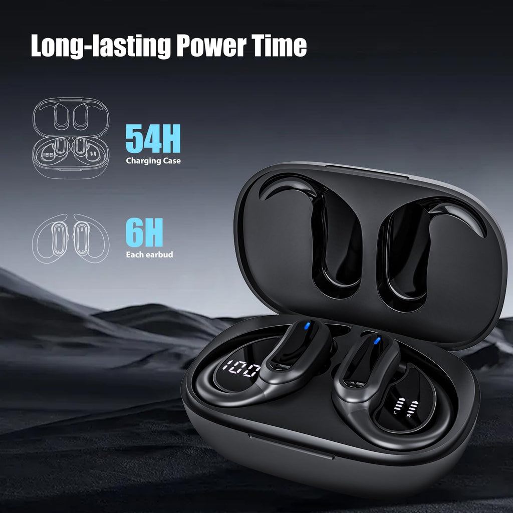 Wireless Earbuds Bluetooth Headphones, 54H Playtime Stereo Over Ear Buds with ENC Noise Cancelling, LED Power Display, IPX7 Waterproof Sport Earphones with Earhooks for Running/Workouts (Black)