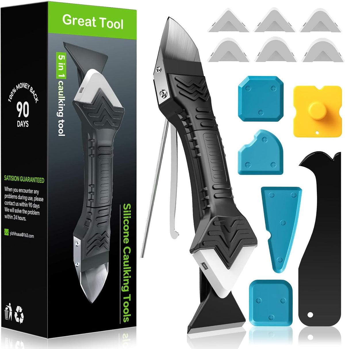 Caulking Tool 5 in 1 Silicone Caulking Grout Removal Sealant Finishing Tool with Grout Scraper, 6 Exchange Silicone Pads, Adhesive Residue Scraper Seam Repair Kit for Kitchen Bathroom White