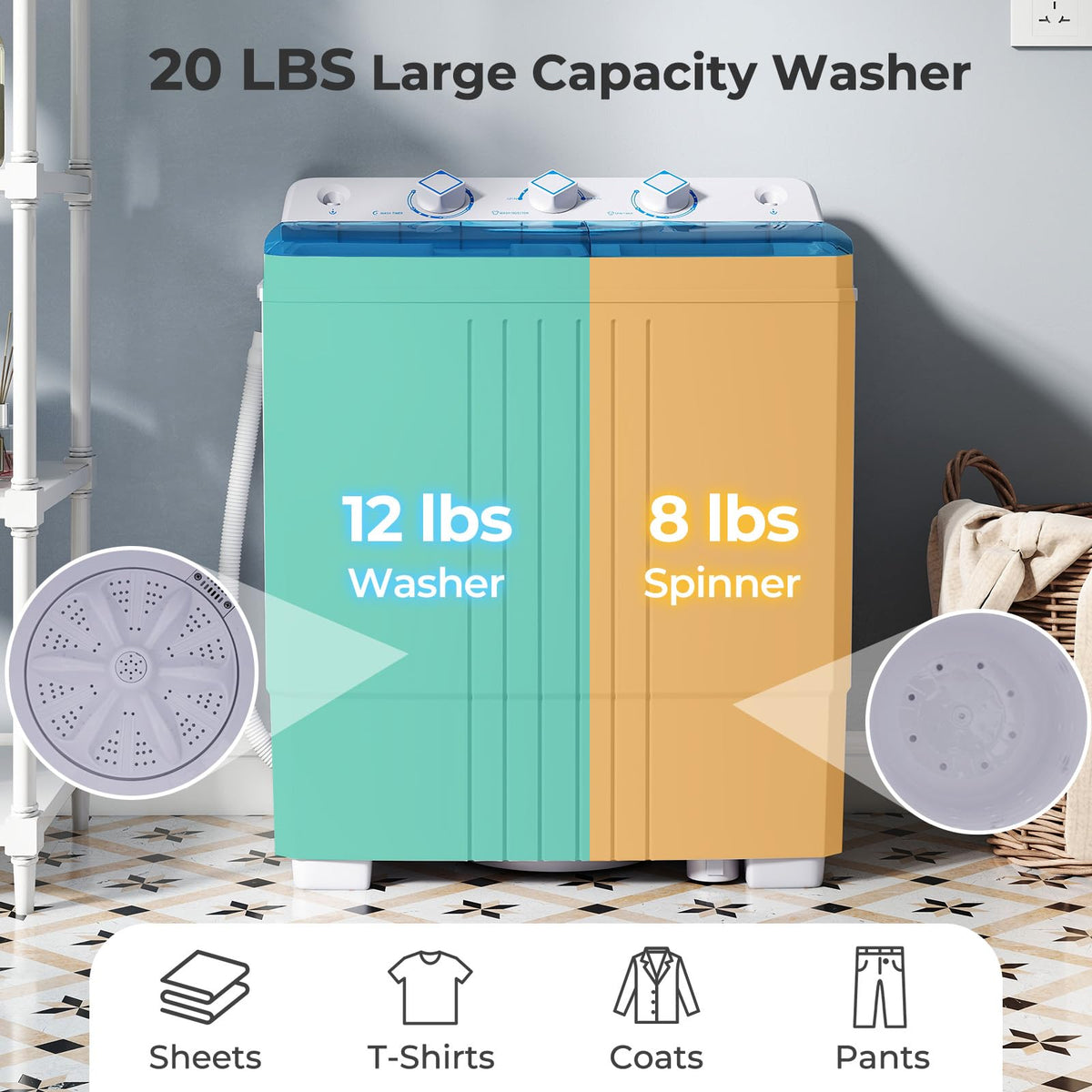 Giantex Portable Washing Machine, 20lbs Capacity, 12lbs Washer and 8lbs Spinner, Compact for Apartment RV, Gray & White, GX20313-PE