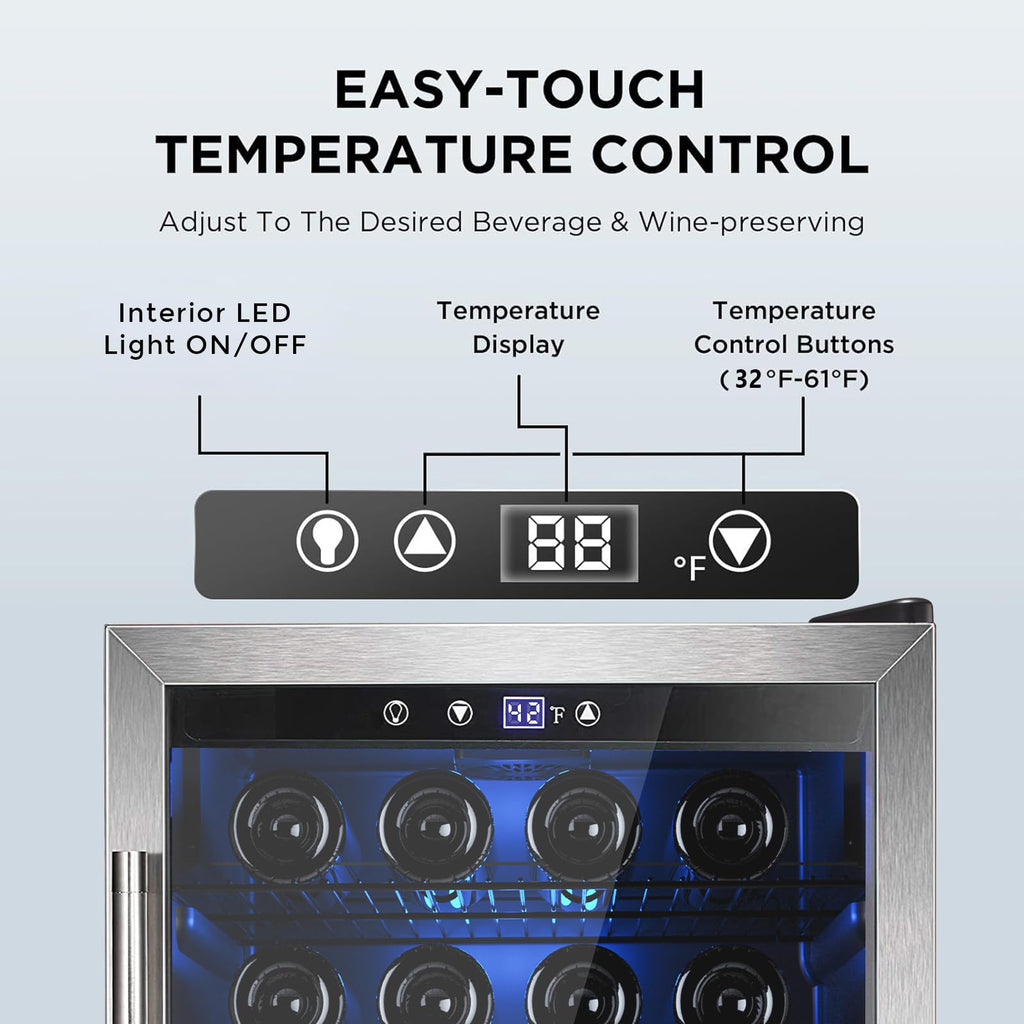 Electactic 48 Can Beverage Refrigerator,12 Bottle Wine Cooler with Seamless Stainless Steel & Glass Door, Digital Temperature Display, Countertop Mini Fridge for Soda, Wine or Beer, Silver