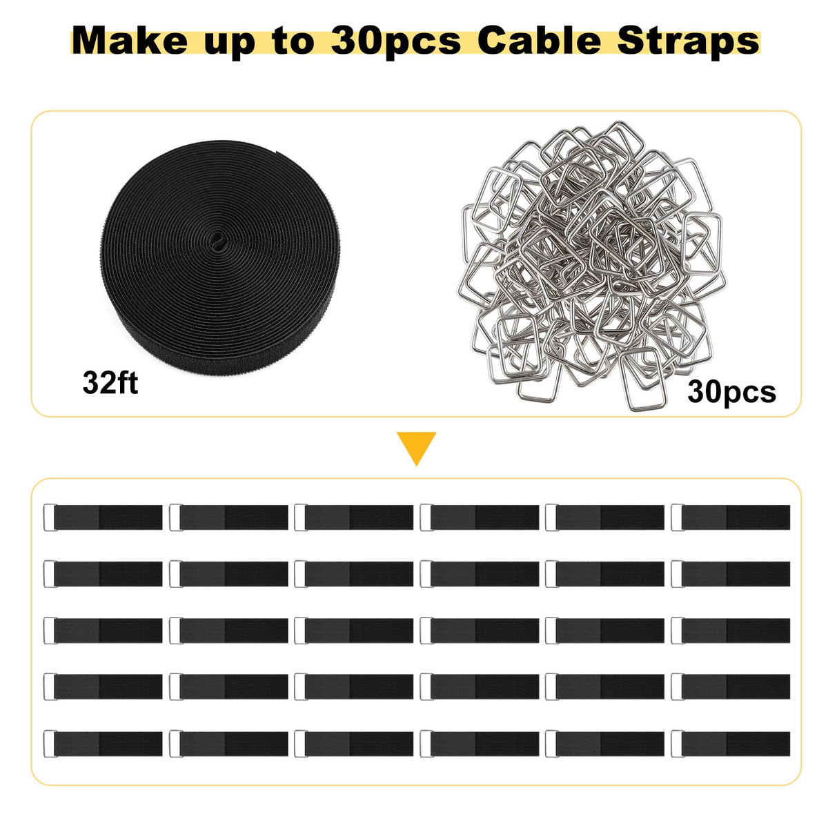 YMCRLUX 1"x64ft Hook and Loop Straps with 70 Metal Buckles, Adjustable Fastening Cable Straps, Cut-to-Length Cinch Strap, Reusable Nylon Securing Cord Ties for Organizer or Storage, 1 inch Wide, Black