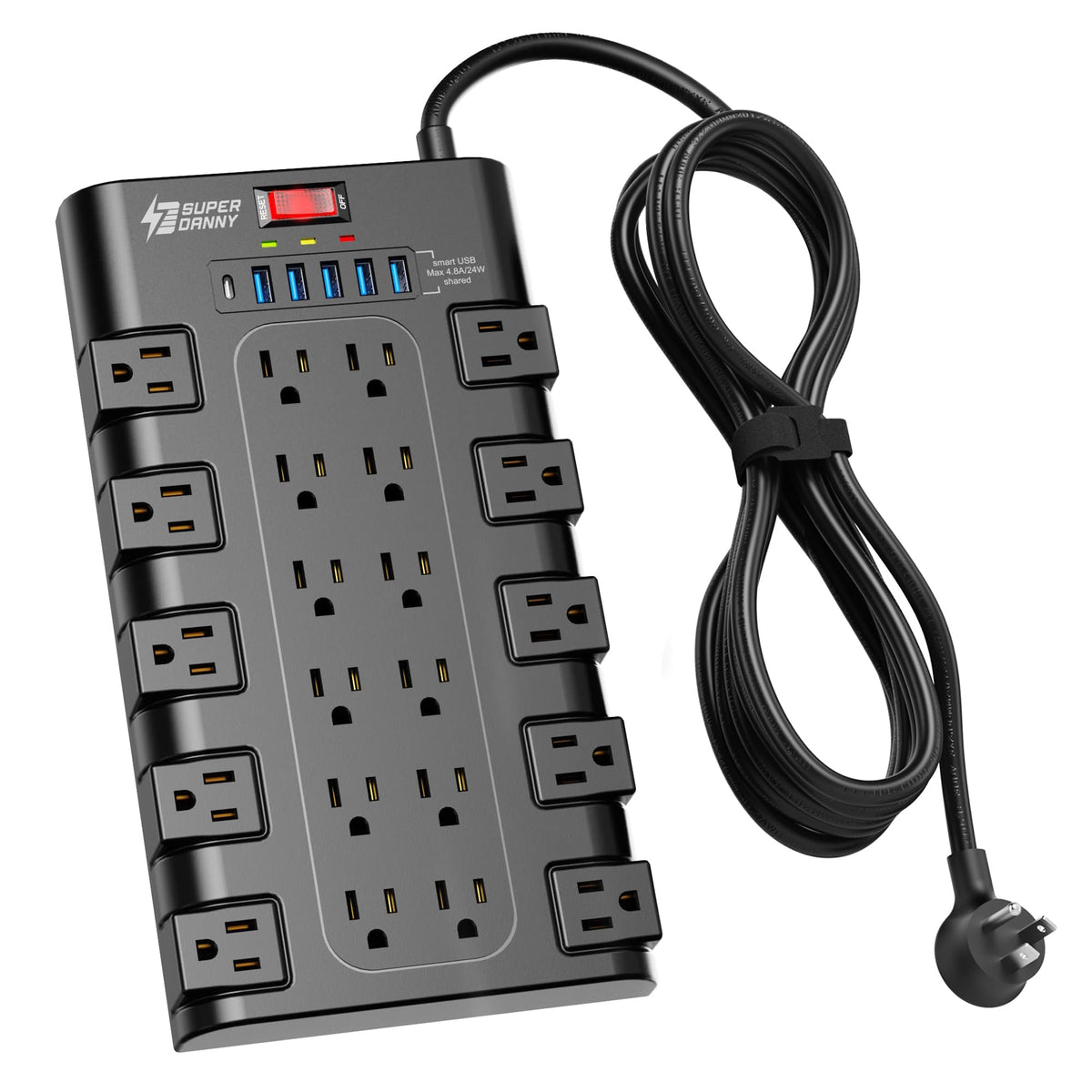 SUPERDANNY Power Strip Surge Protector, 22 AC 6 USB, 2100J, 6.5Ft,1875W/15A