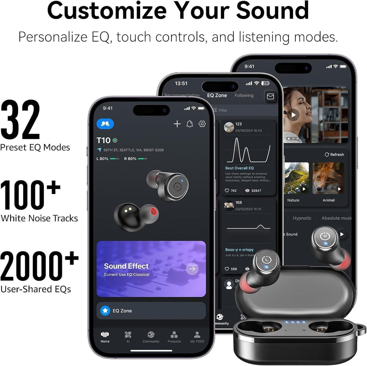 TOZO T10 Wireless Earbuds Powerful Bass Stereo Wireless Charging, APP, IPX8