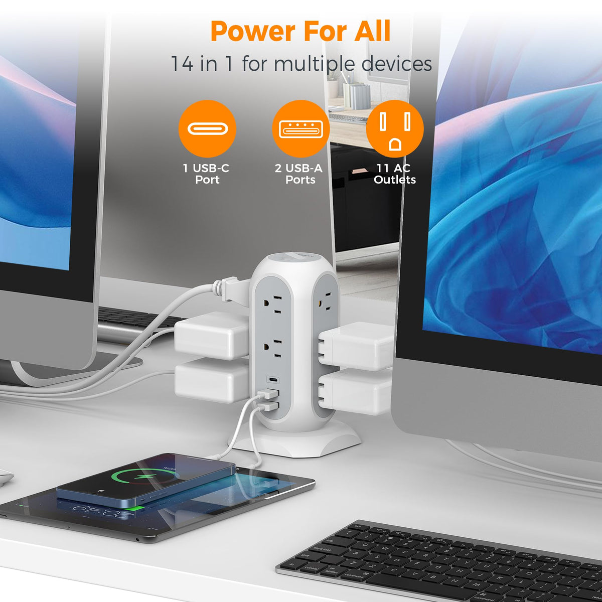 TESSAN Tower Power Strip Flat Plug with 1050J Surge Protection, 6 Ft, Black