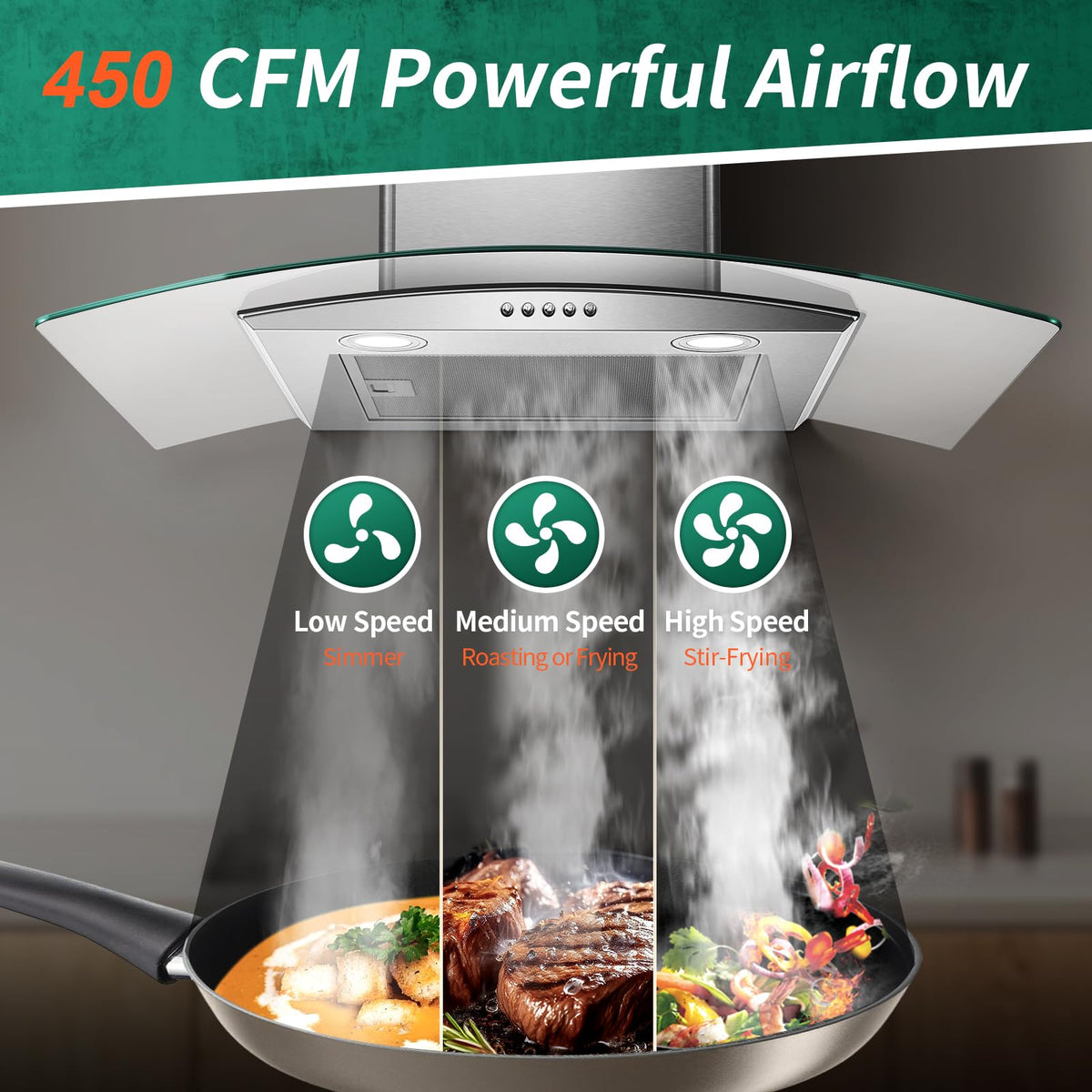 Tieasy Range Hood 30 Inch, 450 CFM Wall Mount Kitchen Hood with Ducted/Ductless Convertible Stainless Steel Filter Range Hoods 3-Speed Touch Control LED Lights