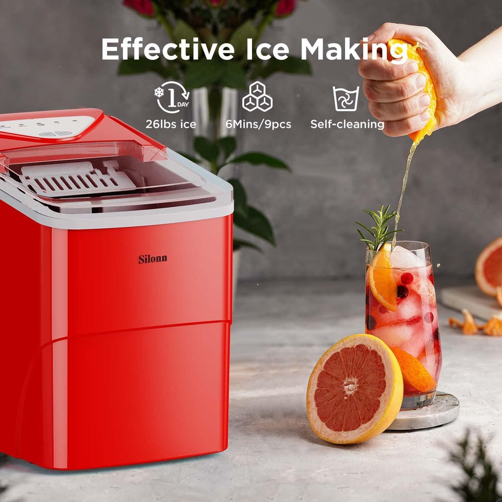 Silonn Ice Maker Countertop, 9 Cubes Ready in 6 Mins, 26lbs in 24Hrs, Self-Cleaning Ice Machine with Ice Scoop and Basket, 2 Sizes of Bullet Ice for Home Kitchen Office Bar Party