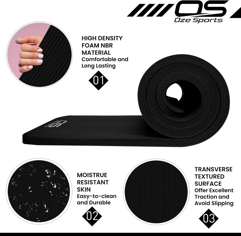 OZE SPORTS Yoga Mat, NBR Foam, Extra Thick, Non-Slip, High Density, Large, for Pilates, Gymnastics, HiiT and Fitness, with Free Carry Strap
