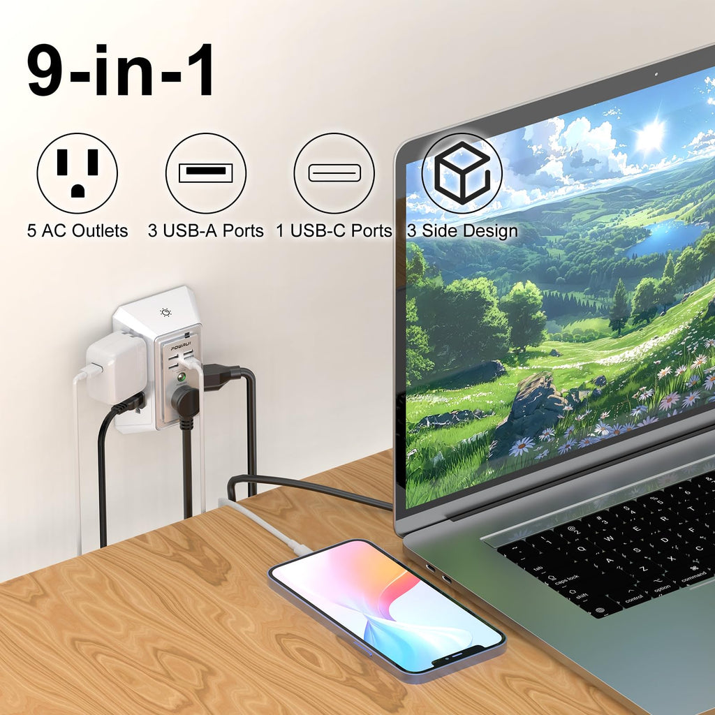 Multi Plug Wall Outlet Night Light, POWRUI 6 Outlet Extender & 3 USB Ports