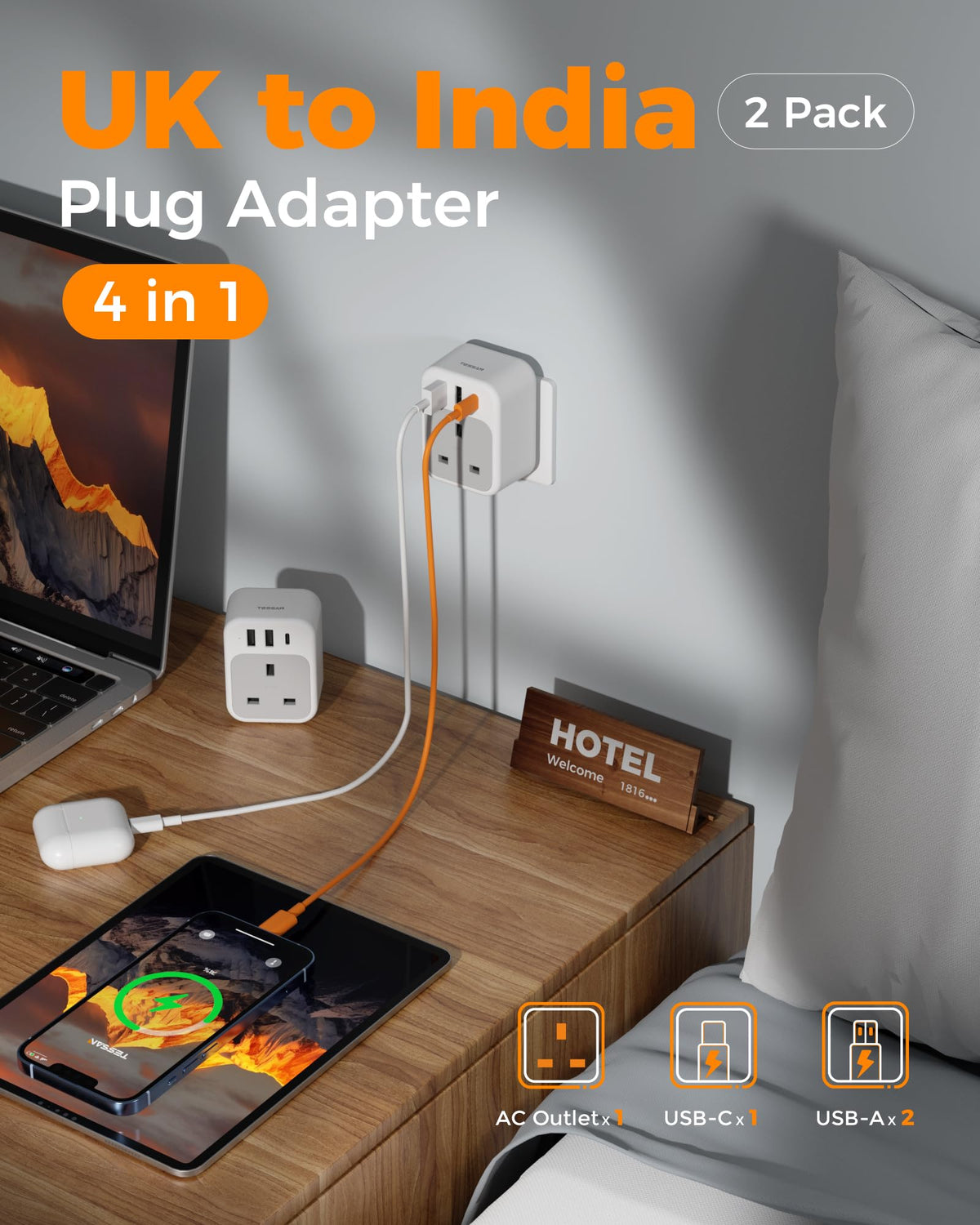 TESSAN UK to US Plug Adaptor 2 Pack, Type B USA Travel Adapter with USB C