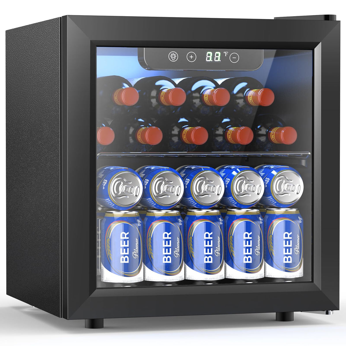Electactic 48 Can Beverage Refrigerator,12 Bottle Wine Cooler with Seamless Stainless Steel & Glass Door, Digital Temperature Display, Countertop Mini Fridge for Soda, Wine or Beer, Silver