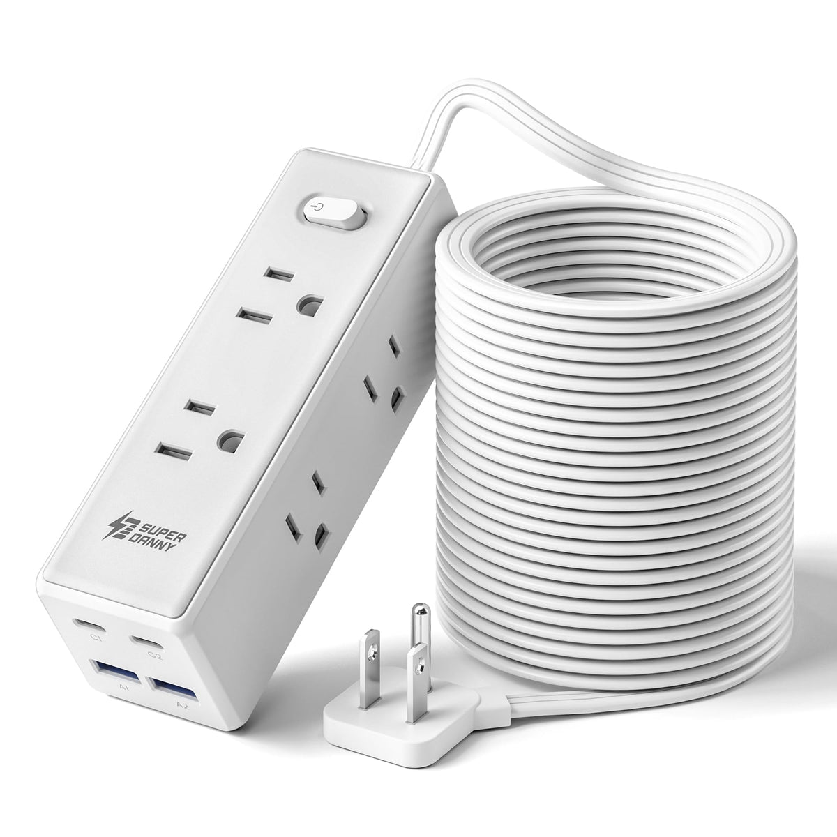 SUPERDANNY 15Ft Extension Cord with Multiple Outlets, Flat Plug Power Strip
