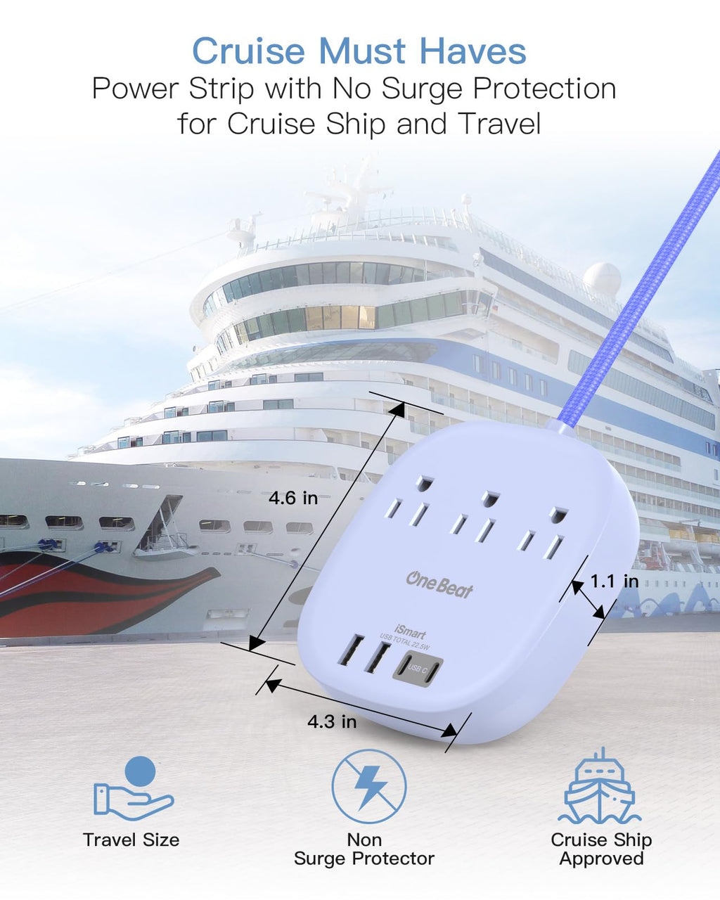 Travel Essentials, 22.5W/4.5A Flat Plug Power Strip, 6 Ft Extension Cord