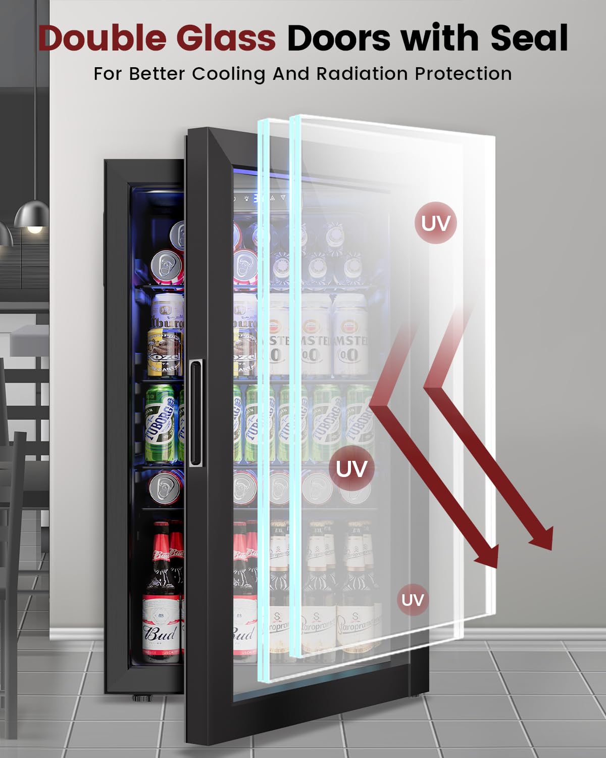 Feelfunn 2.6CuFt Beverage Refrigerator, 95 Can Mini Fridge with Glass Door