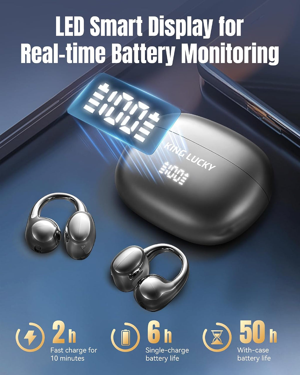 Kinglucky Clip-On Earbuds Gen 3, Open-Ear Wireless Bluetooth 6.0 Headphones with Mic, Secure Fit for Small Ears & Glasses Wearers, 50H Playtime, LED Digital Display, ENC, IPX5 Waterproof(Balck)